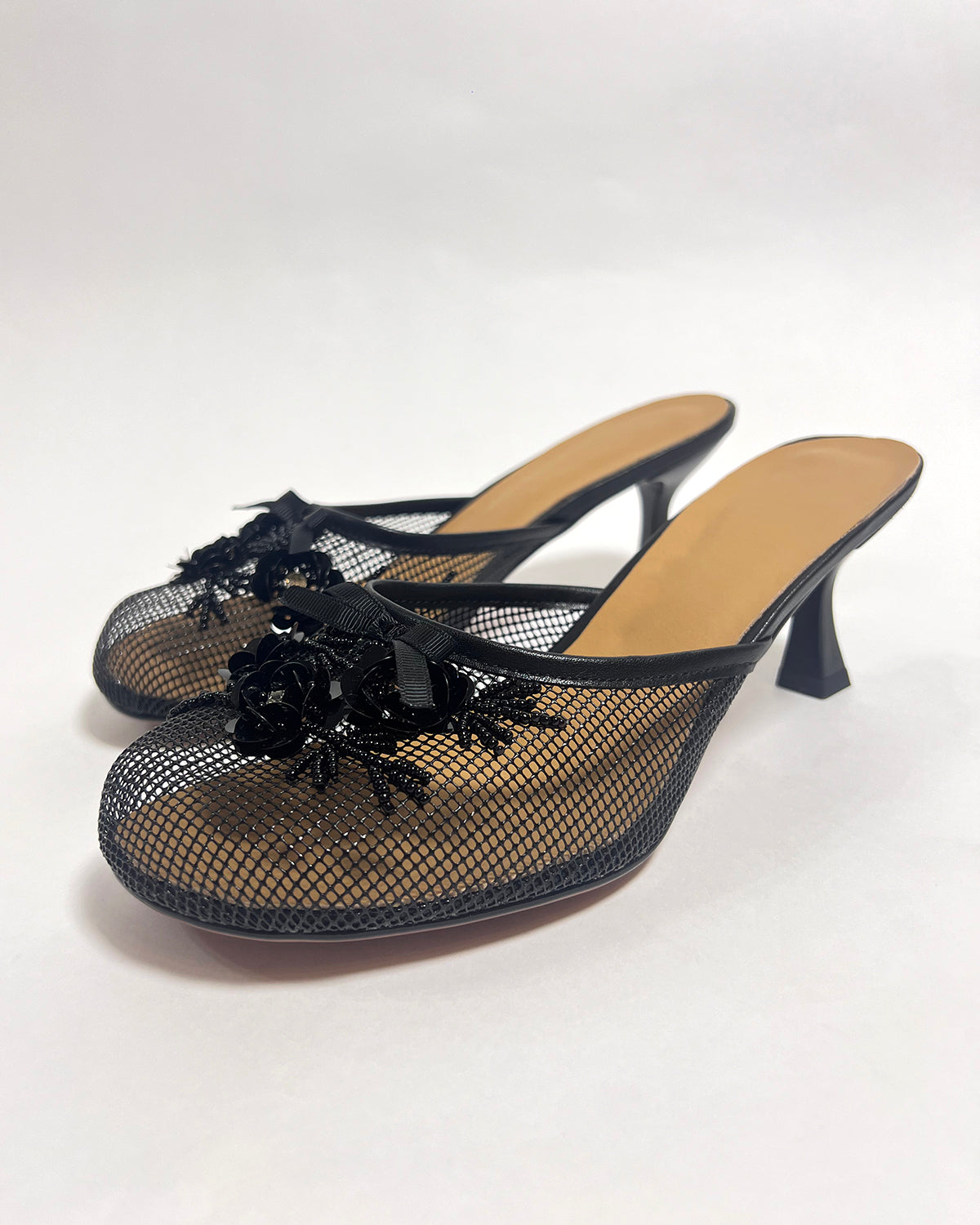 Mesh flowers round toe heeled mule slippers for women