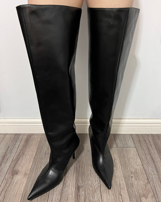 Black leather thigh high wide calf boots for women