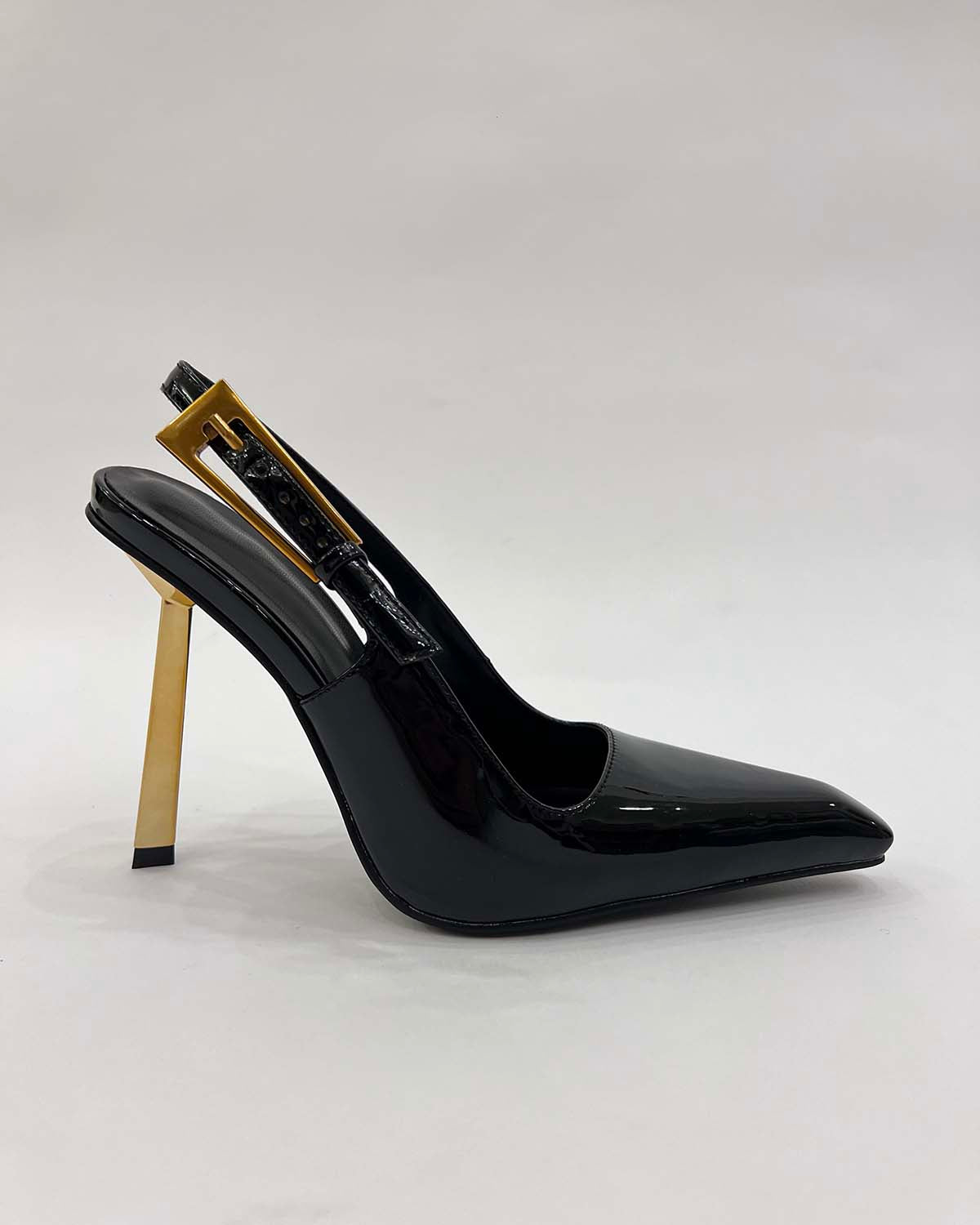 Patent leather pointed toe slingback metal heels pumps