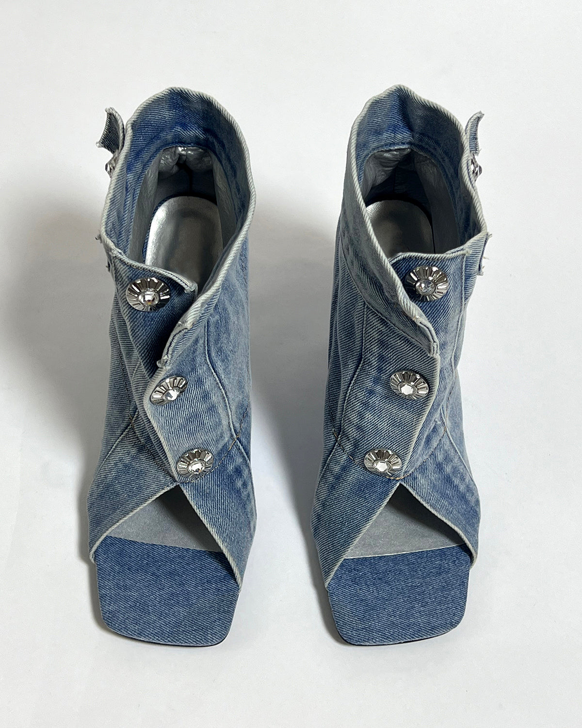 Wash denim ankle open toe boots for women