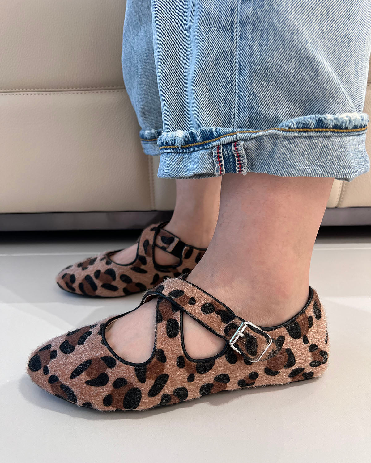 Leopard pony hair flat ballet buckle shoes for women