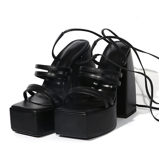 Matt Faux Leather Straps Platform Sandals