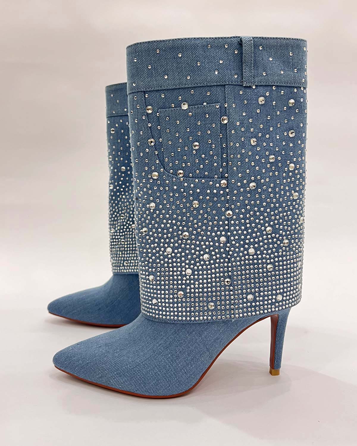 Denim mid-calf rhinestone boots for women