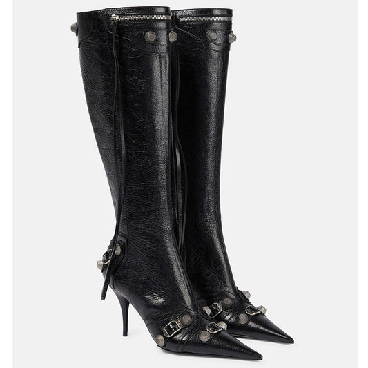 Trending rivet tassel leather knee high boots