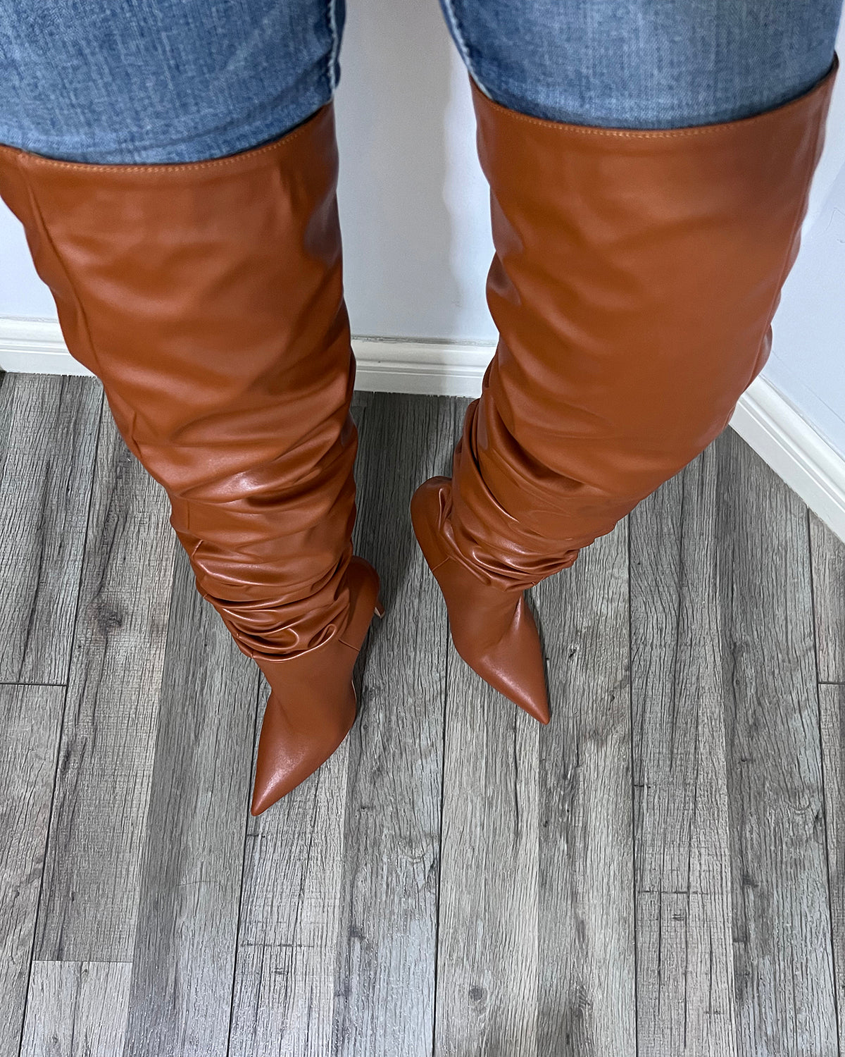 Thigh high matte leather wrinkle stiletto heel boots