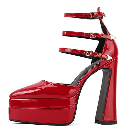 Platform Heels for Women Pointed Toe Chunky Buckle Pumps Shoes