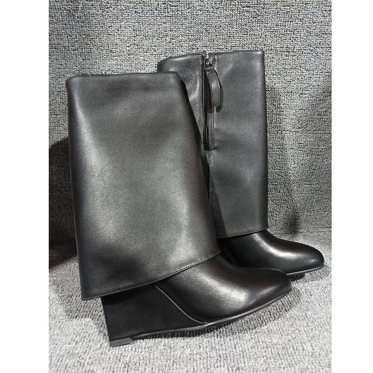 Black matte PU leather trouser wedge ankle boots