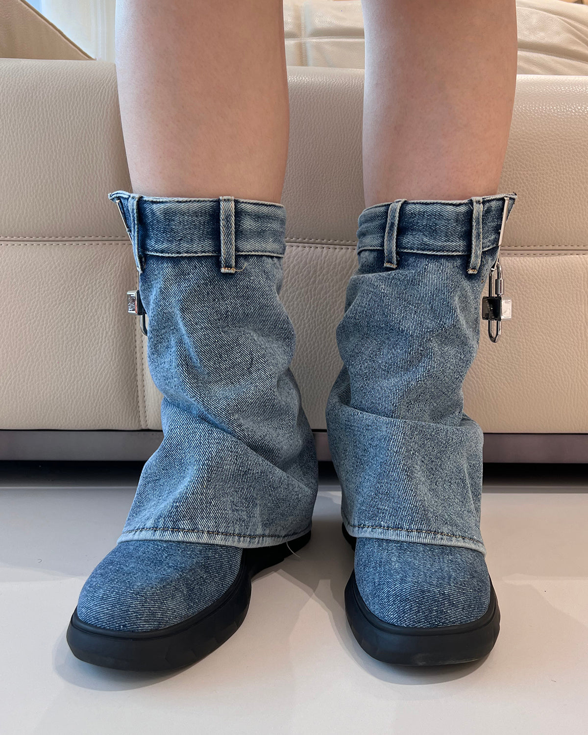 New wash denim wedge ankle boots for women