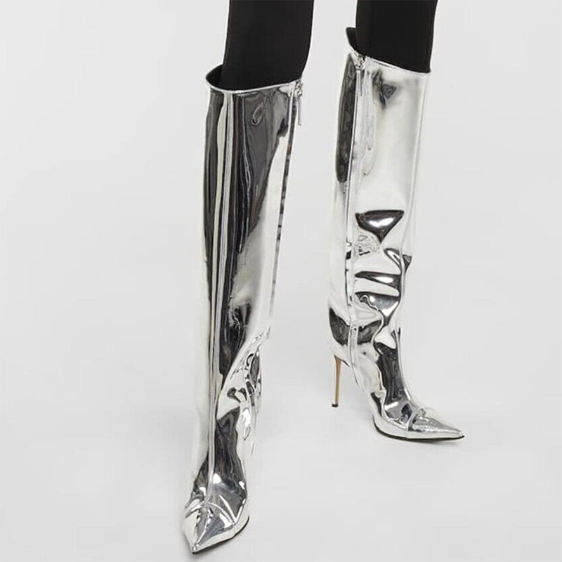 Pointed toe metal silver stiletto heel knee boots
