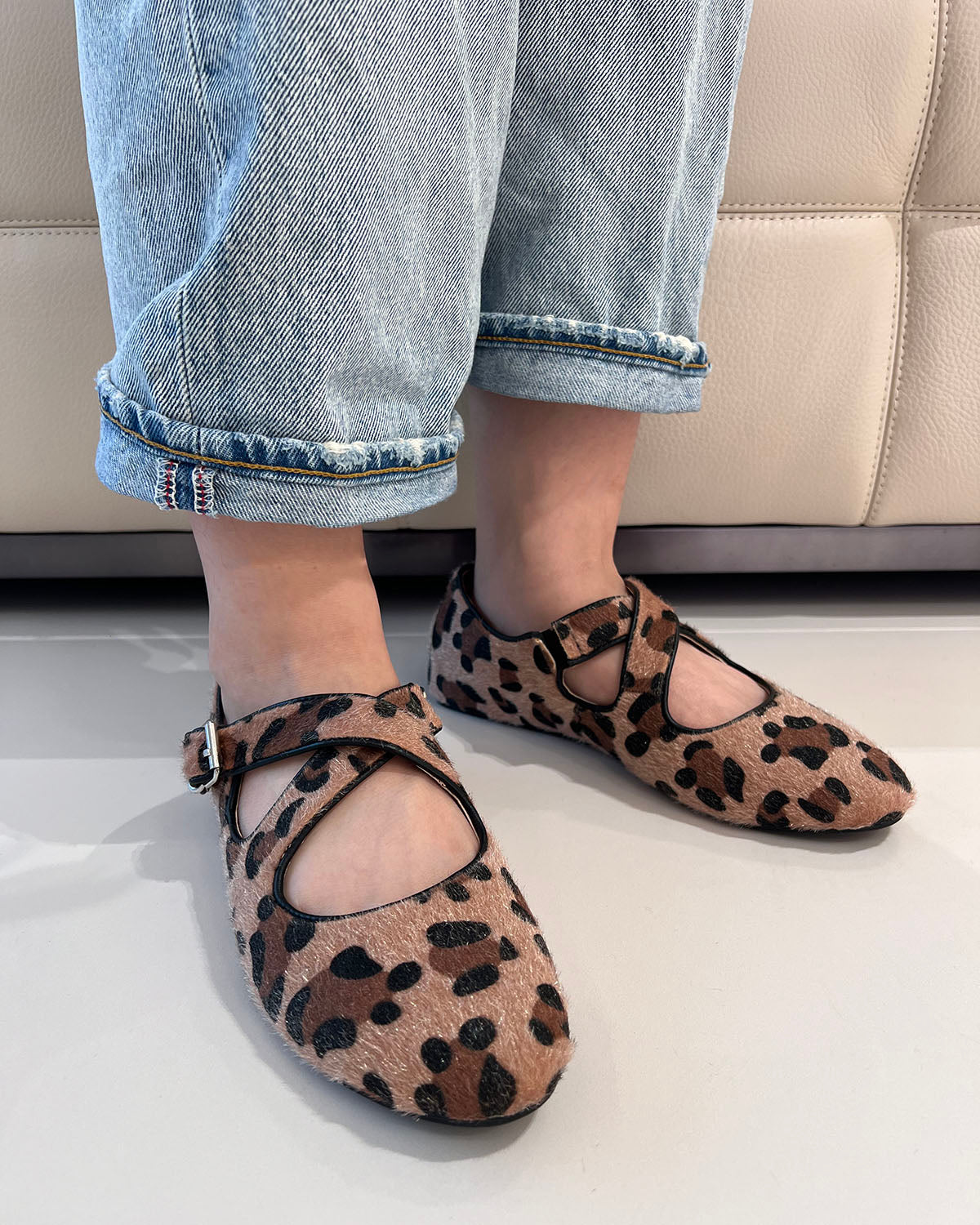 Leopard pony hair flat ballet buckle shoes for women