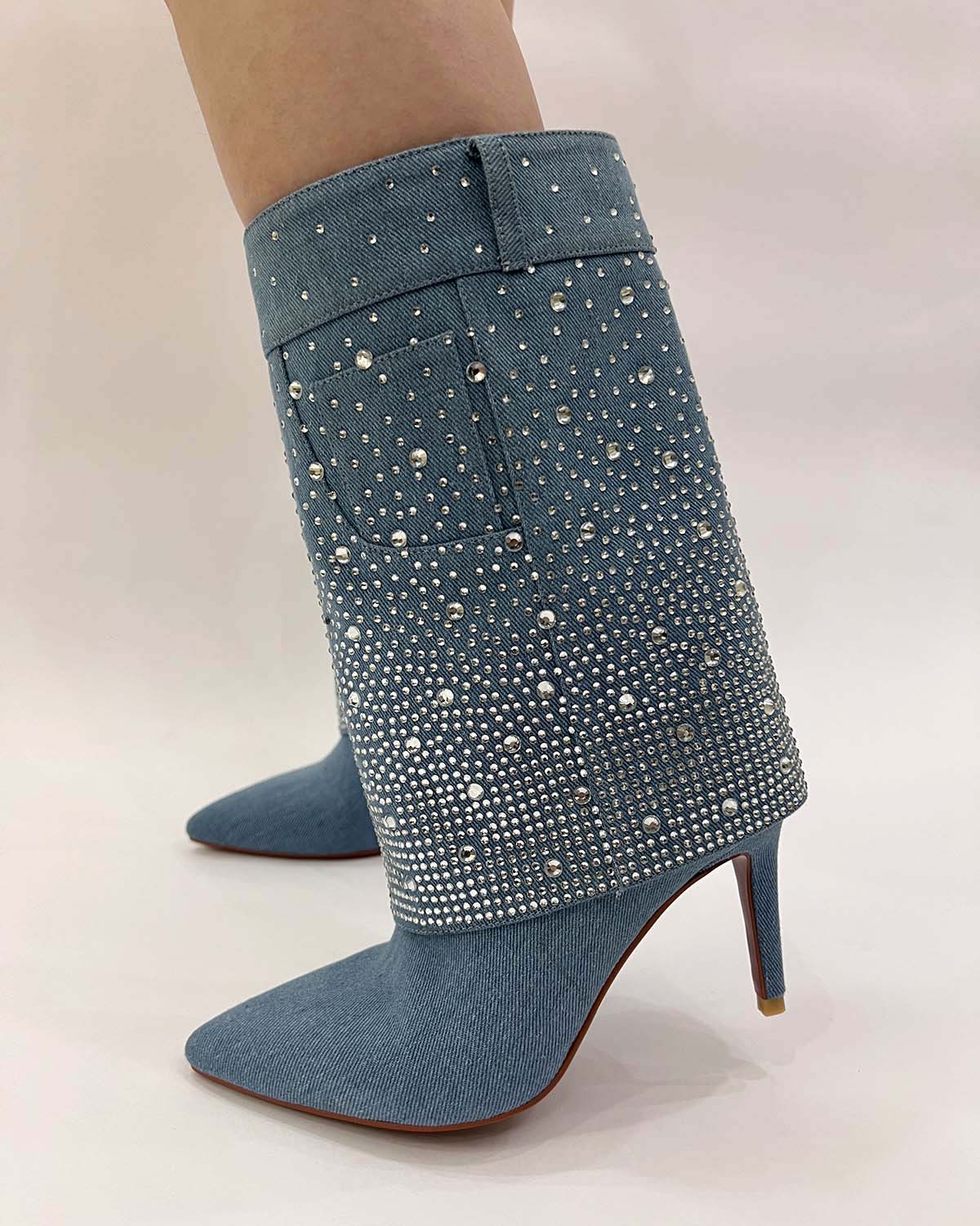 Denim mid-calf rhinestone boots for women