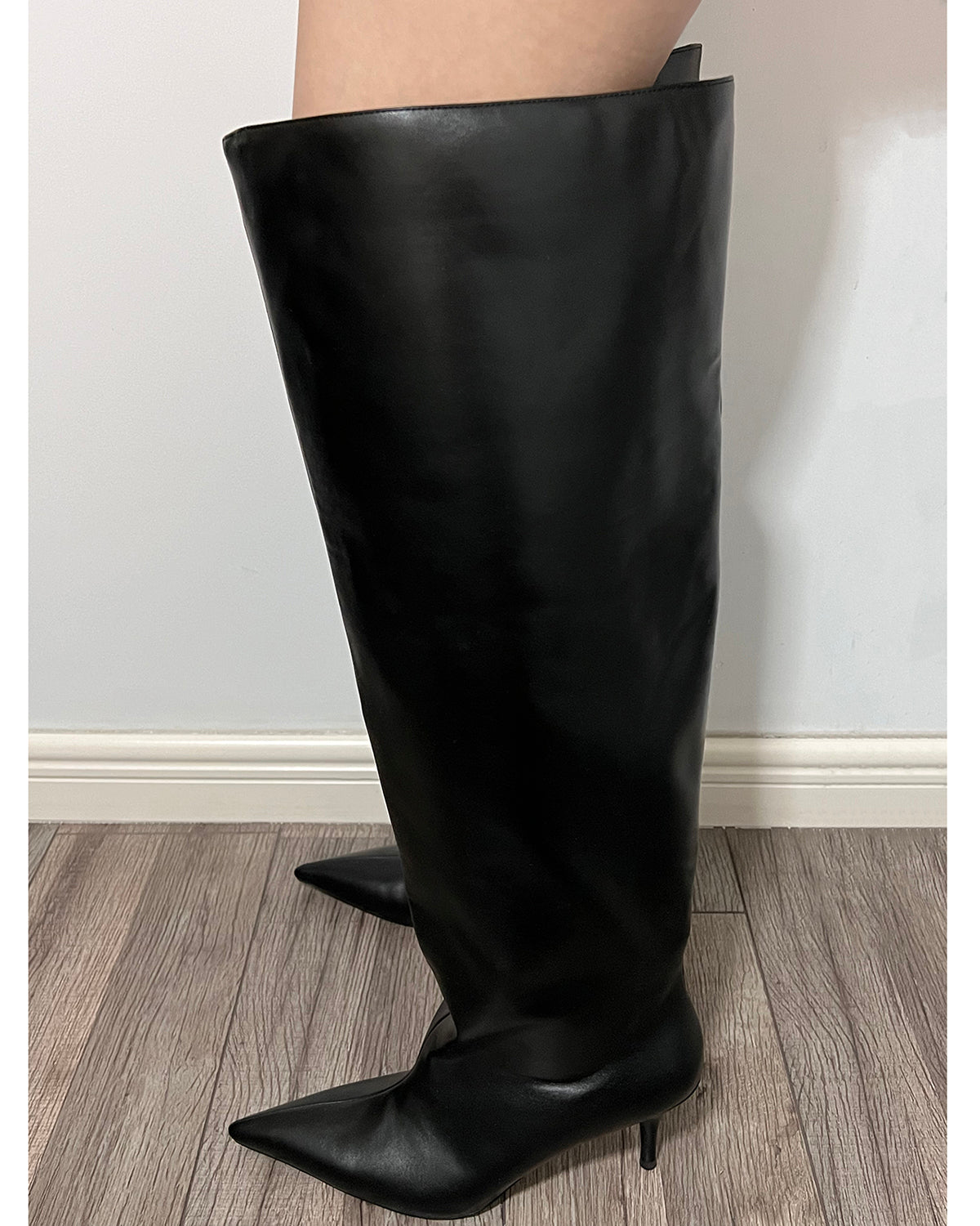 Black leather thigh high wide calf boots for women