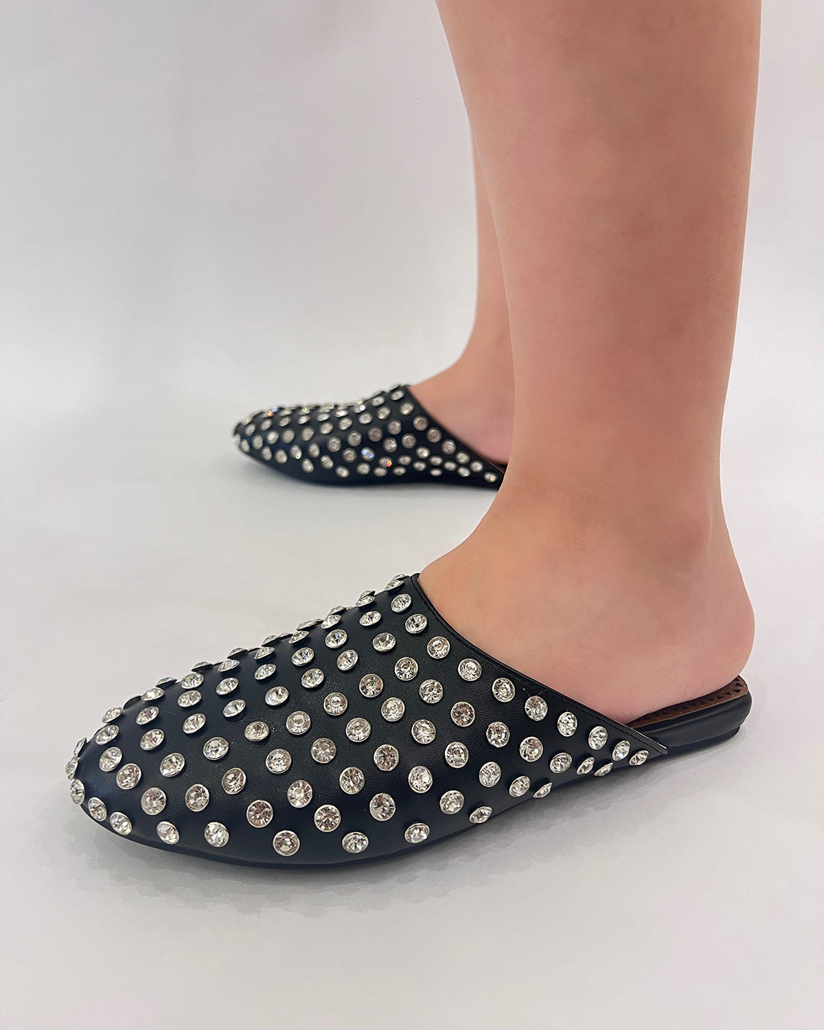 Women flat matte leather rhinestone mule shoes slippers