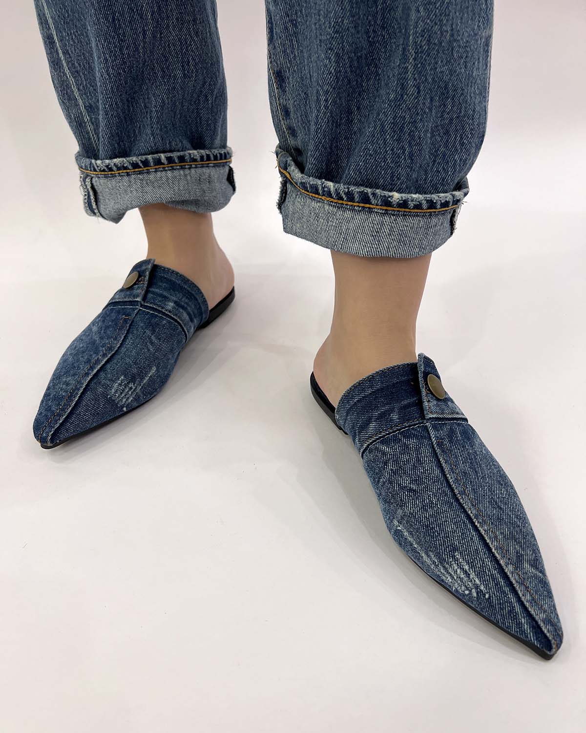 Denim pointed toe flat slippers mule shoes