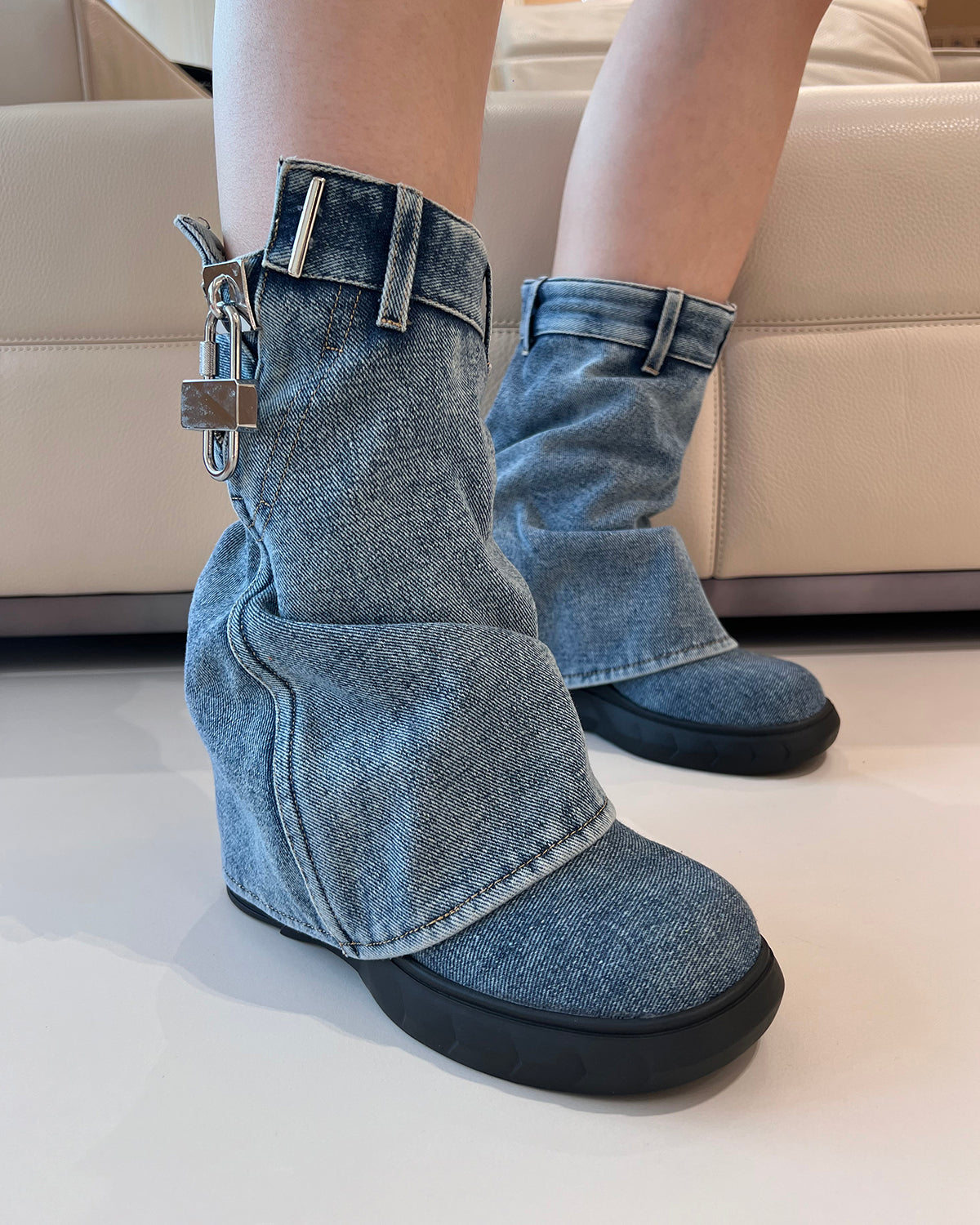 New wash denim wedge ankle boots for women