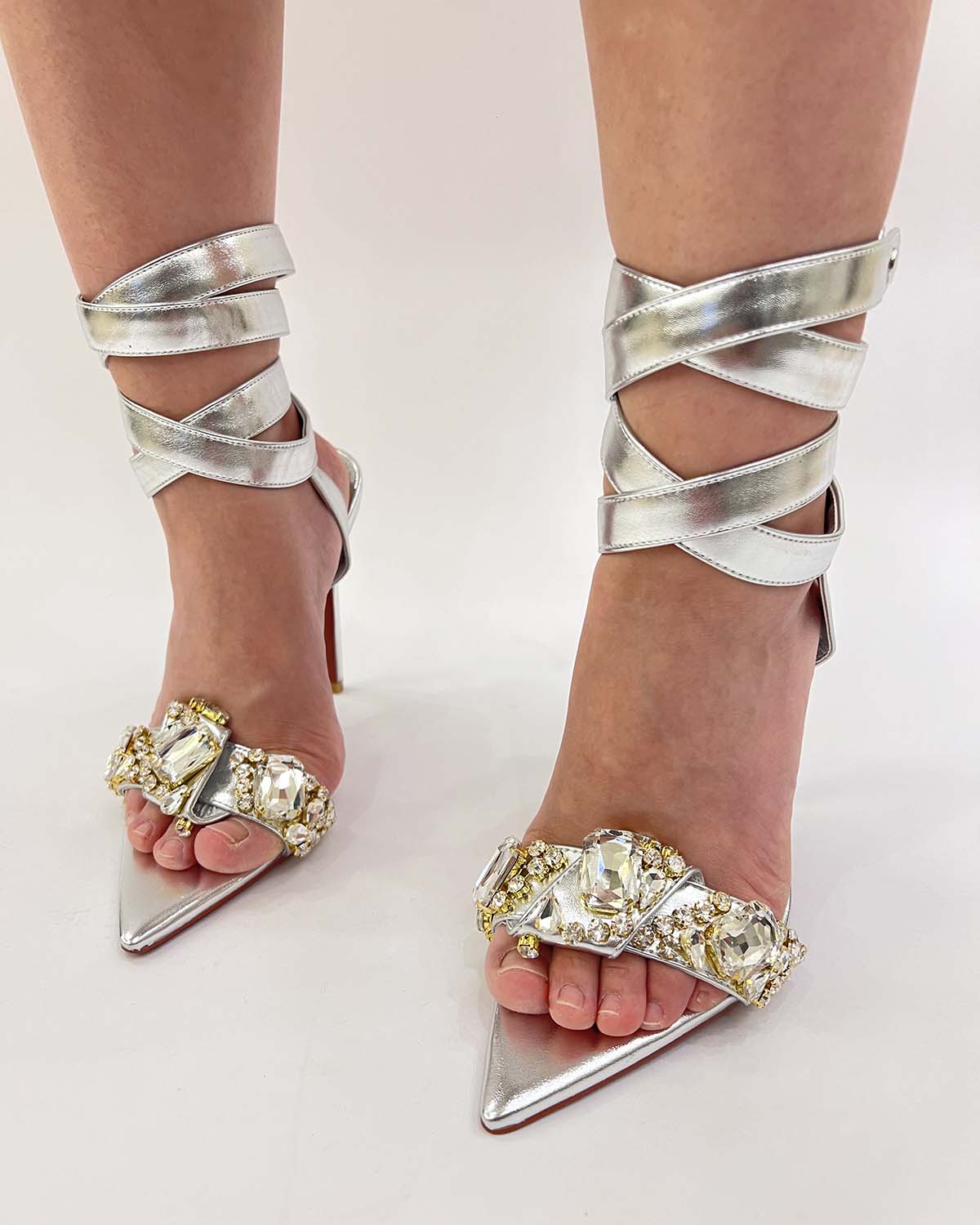 Big Rhinestones Silver Metallic Leather Lace Up Sandals