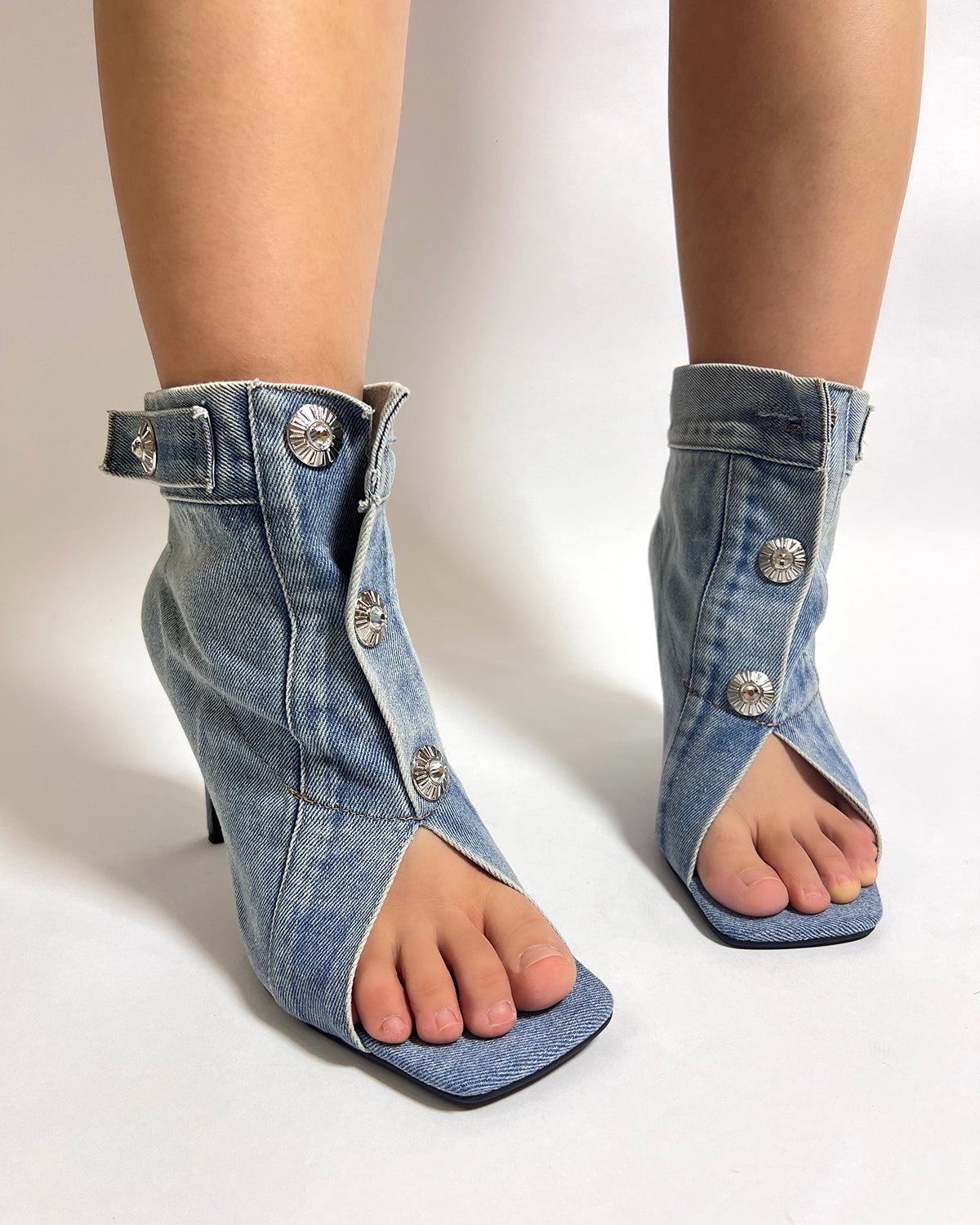 Wash denim ankle open toe boots for women