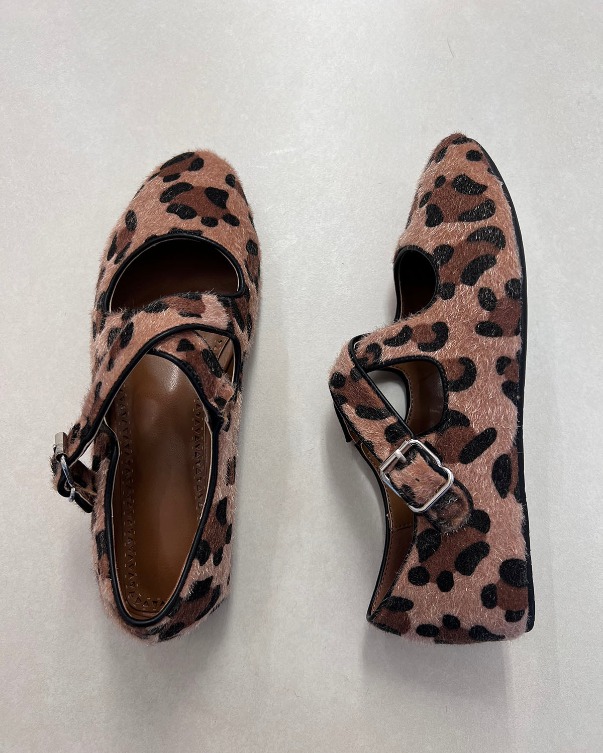 Leopard pony hair flat ballet buckle shoes for women