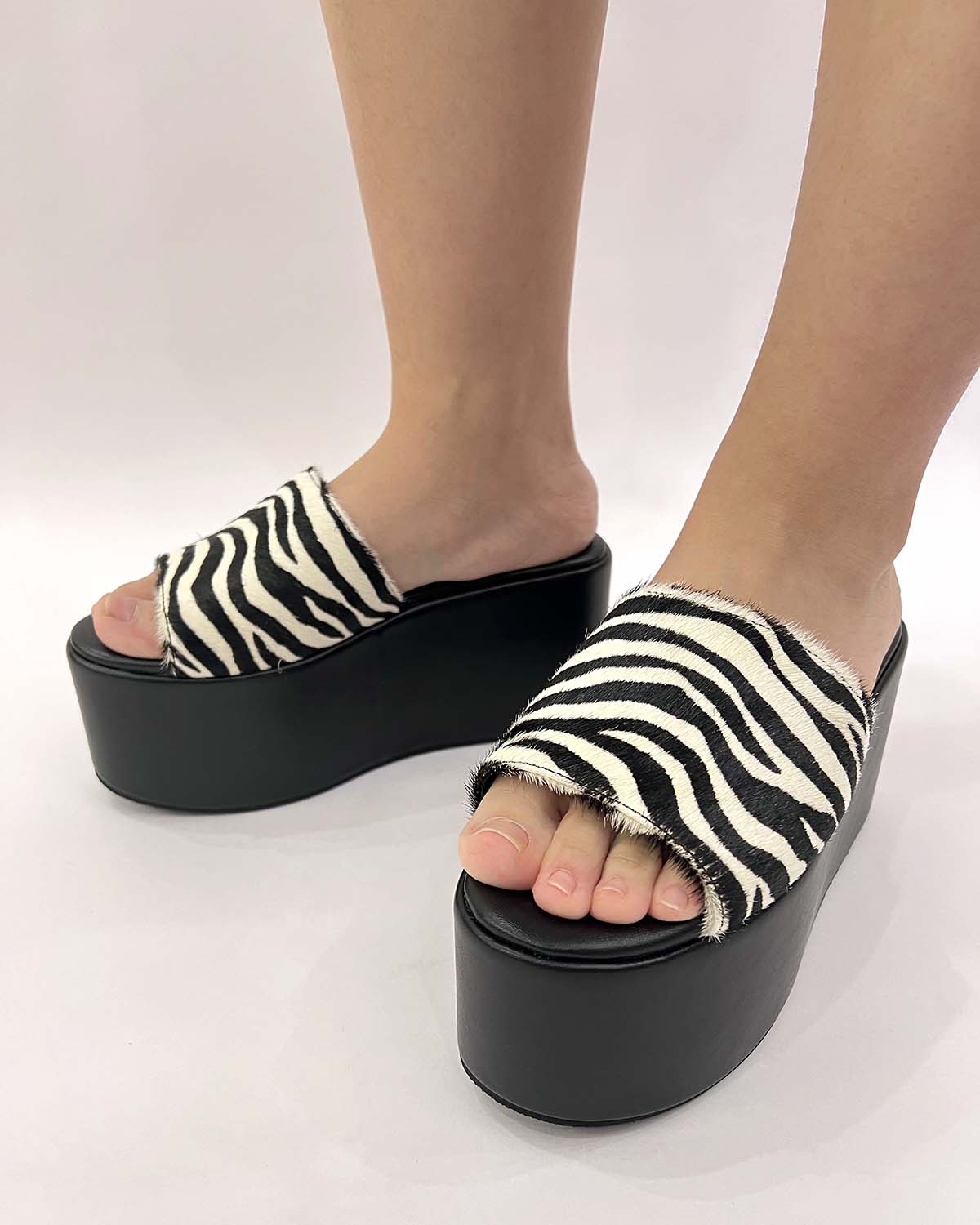 Zebra pony hair leather thick platform sandals for women