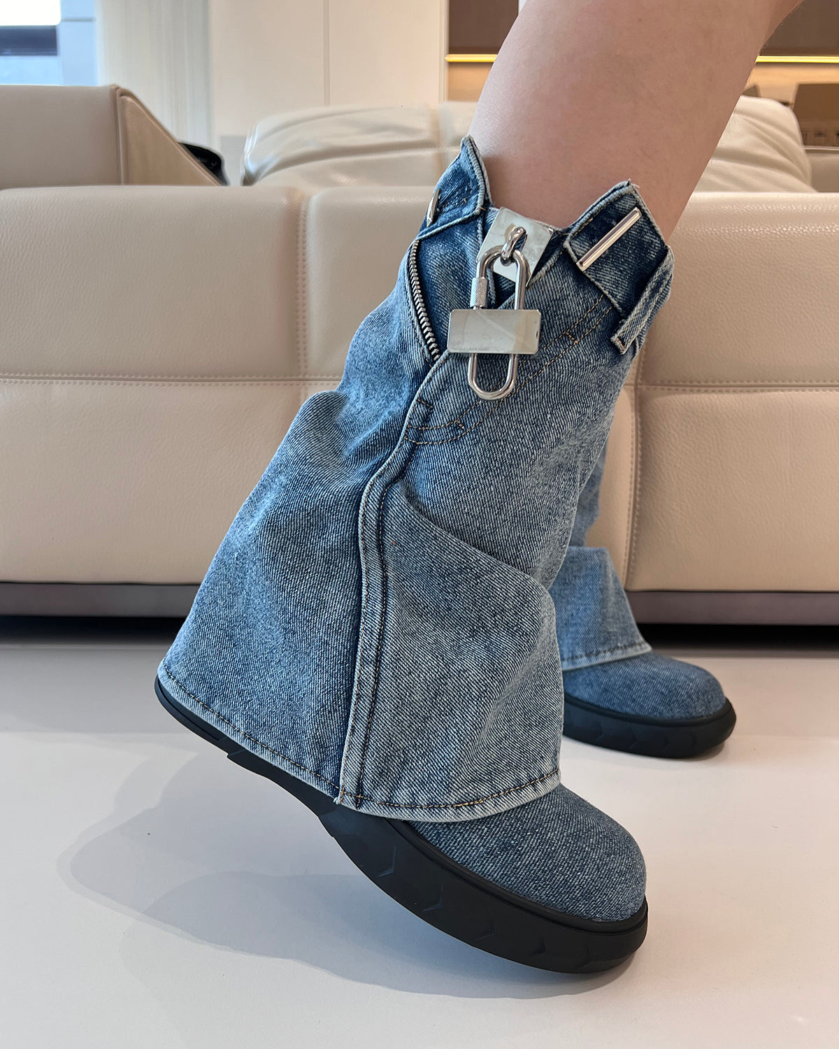 New wash denim wedge ankle boots for women