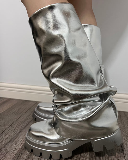 Metal Silver Wrinkle Short Trouser Boots