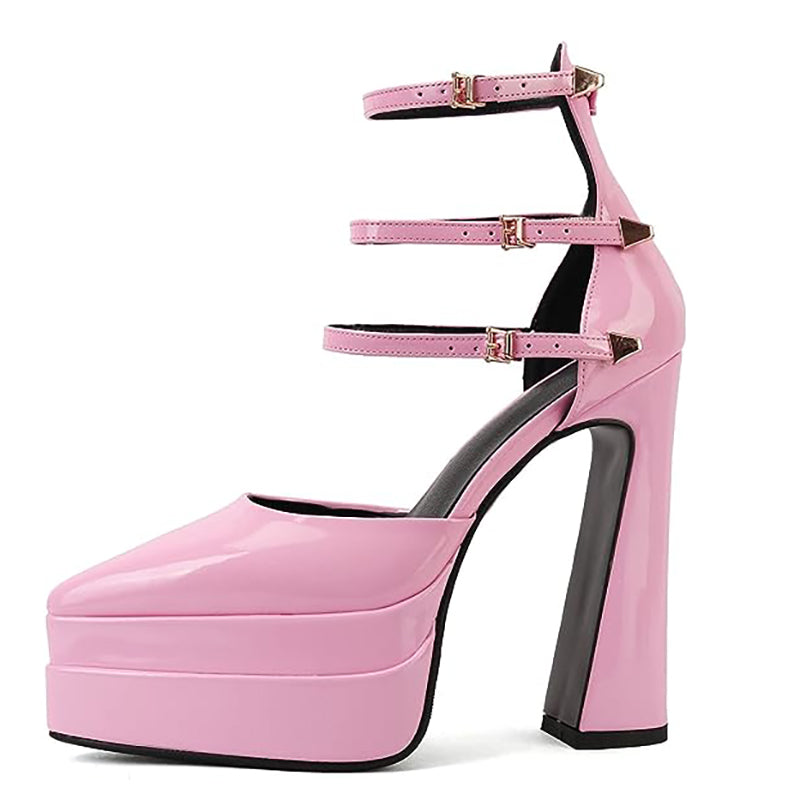 Platform Heels for Women Pointed Toe Chunky Buckle Pumps Shoes