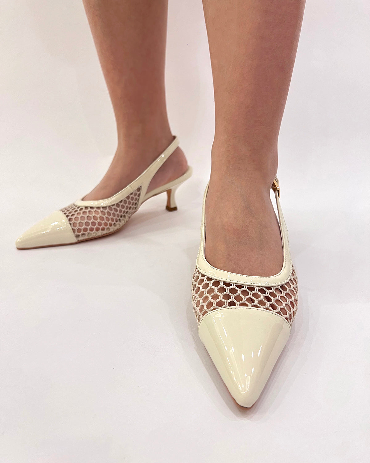 Patent leather pointed toe slingback mesh low heels for women