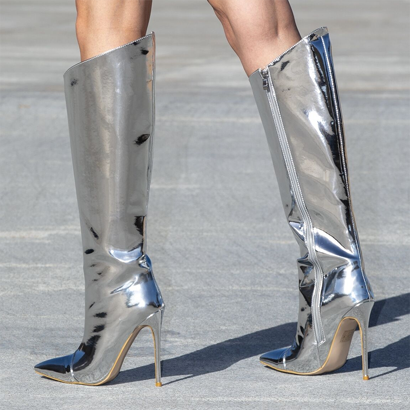 Pointed toe metal silver stiletto heel knee boots