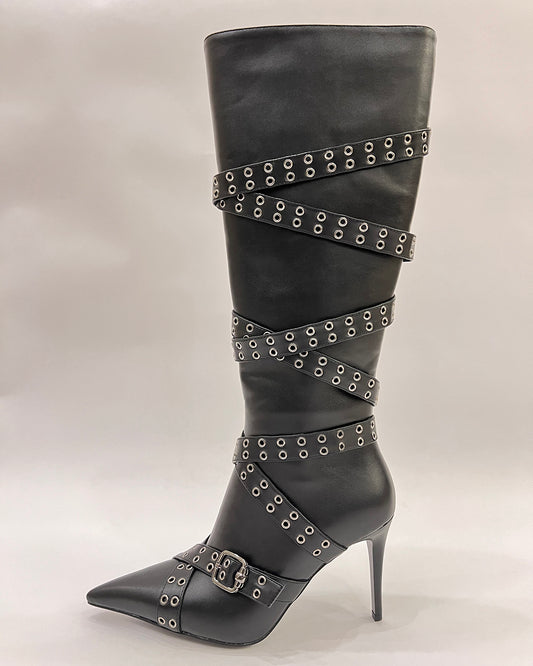 Matte leather eyelet buckle straps stiletto knee high boots