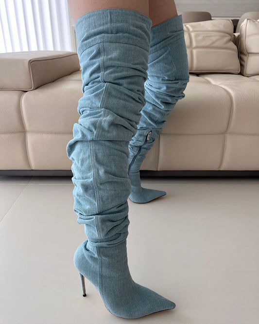 Over the knee wrinkle denim stiletto heel boots