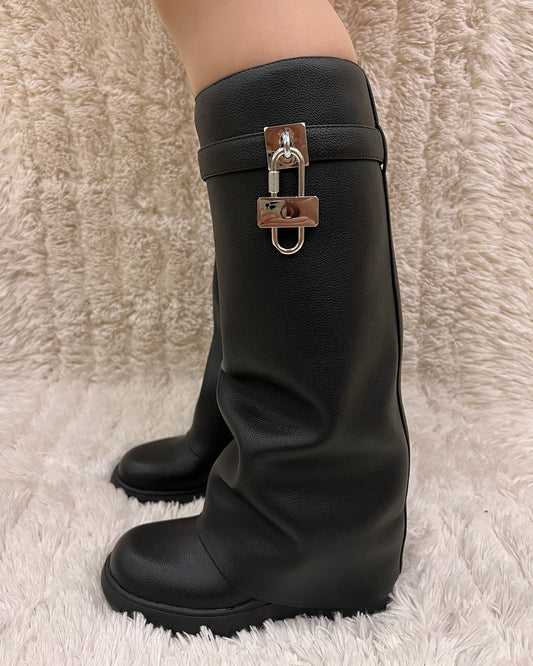 Wedge Leather Pants Lock Knee High Boots For Women