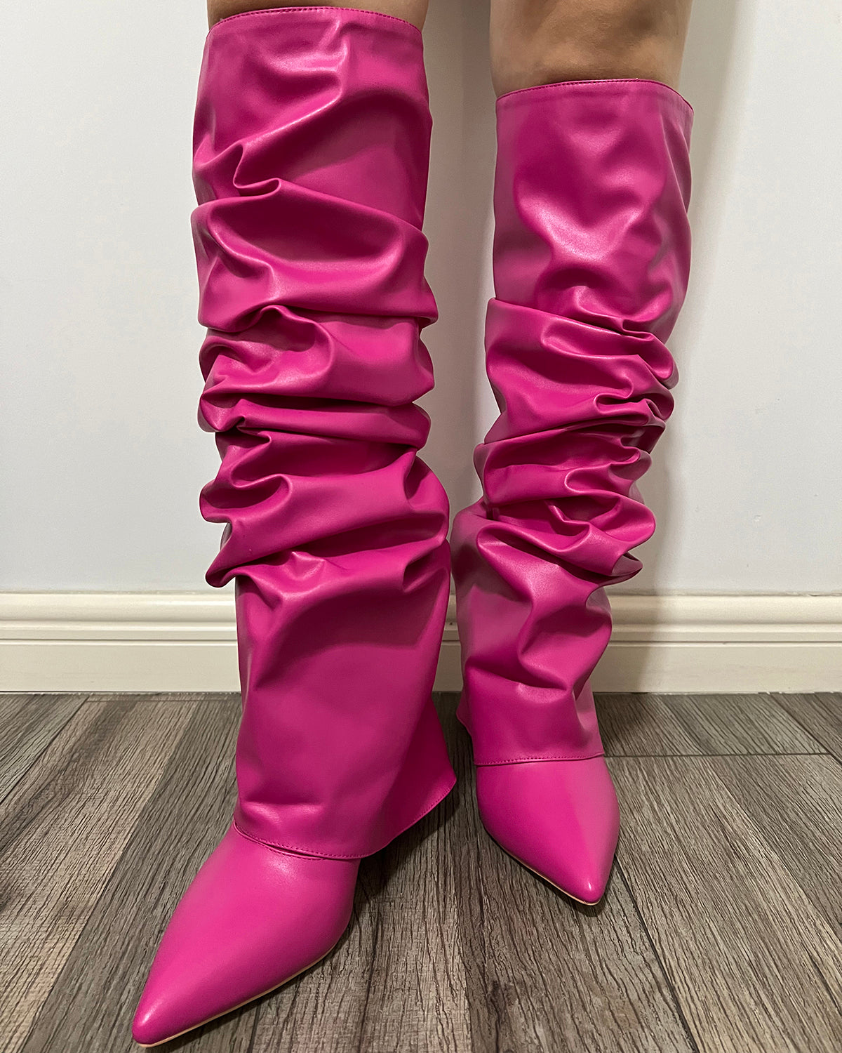 Matte leather wrinkle wedge knee high boots