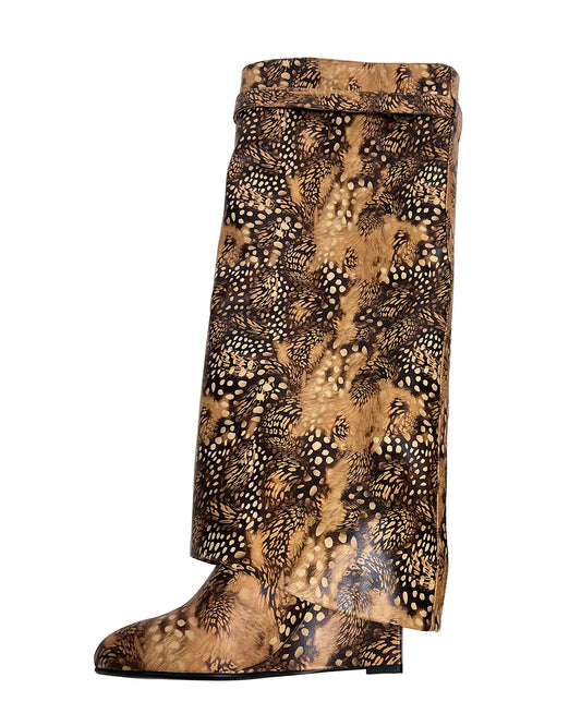 Women leopard texture wedge knee high pants boots