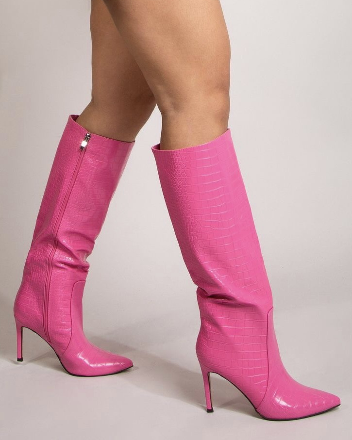 Croc leather pointed toe knee high boots