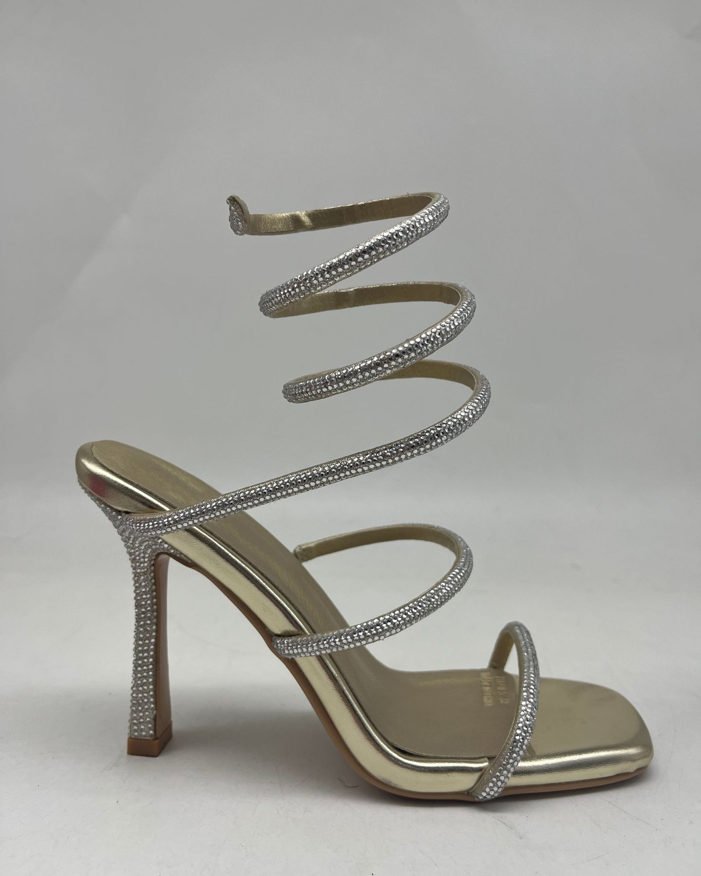 Metal leather rhinestone coil high heel sandals for women