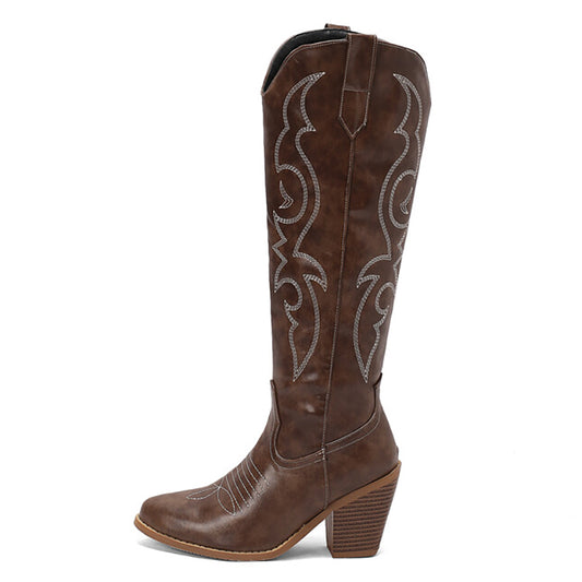 Women western cowboy chunky knee high boots