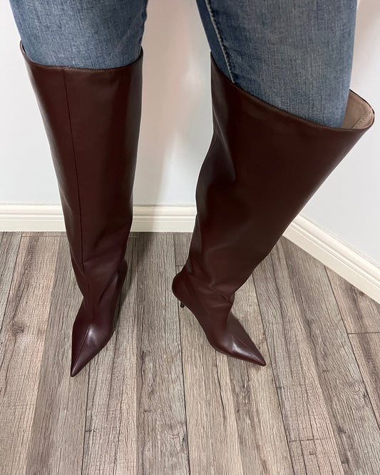 Burgundy leather over the knee wide calf boots for women