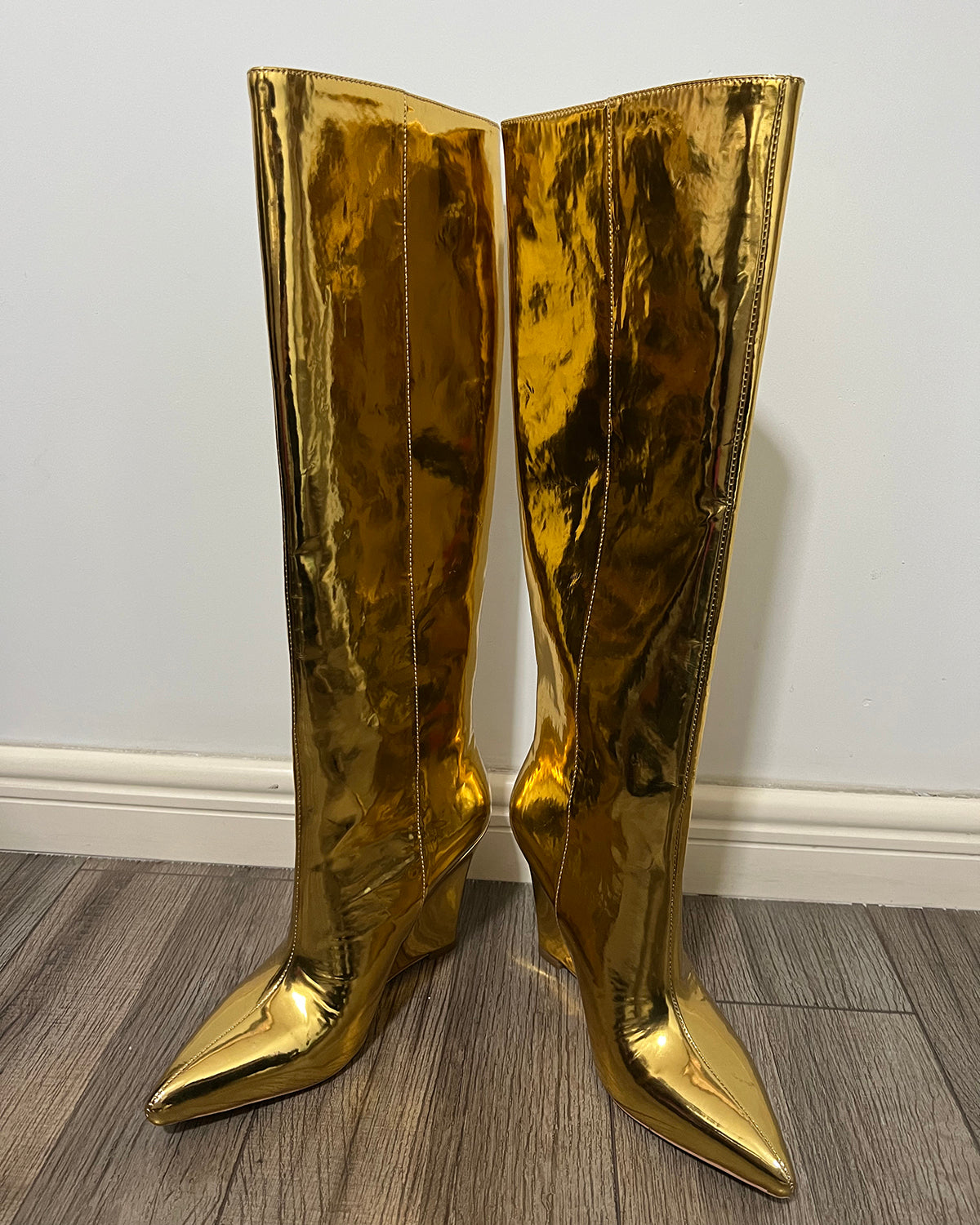Metallic leather gold knee high wedge boots for women