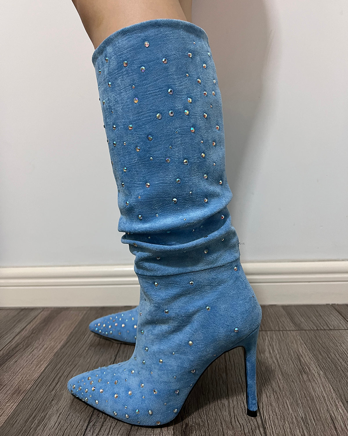 Women suede rhinestone stiletto high heel knee boots