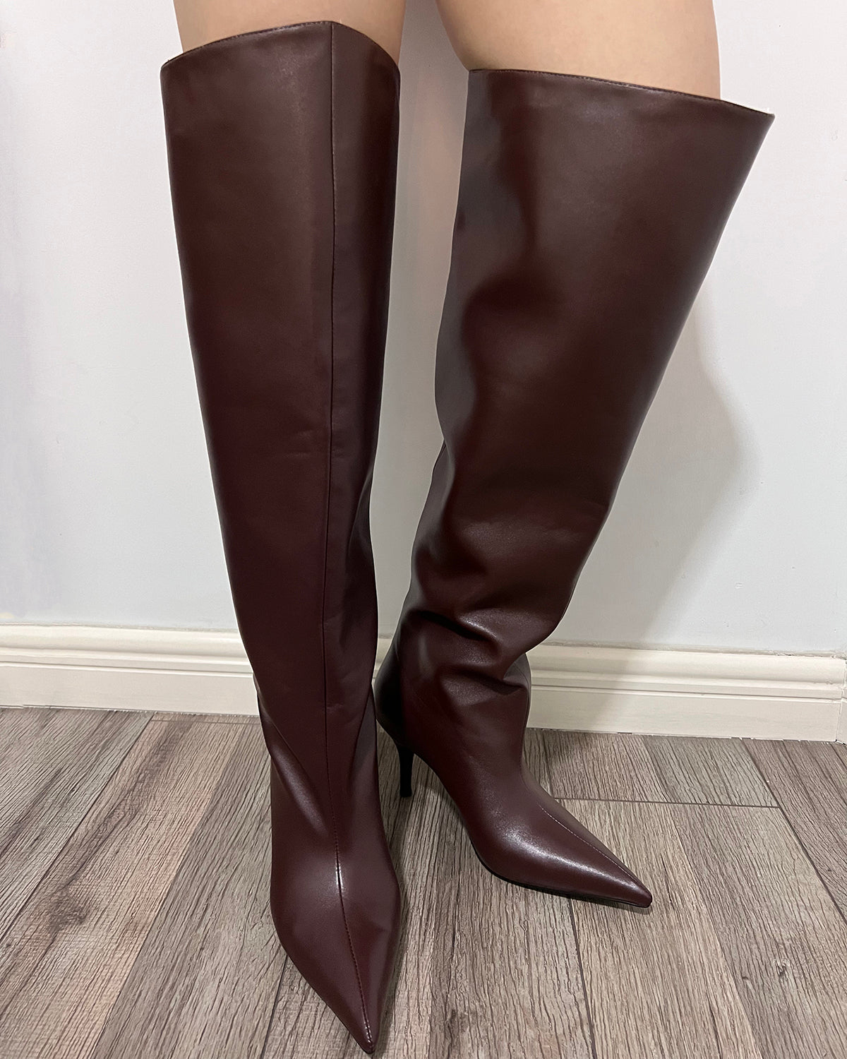 Burgundy leather over the knee wide calf boots for women