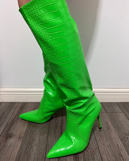 Croc leather pointed toe knee high boots